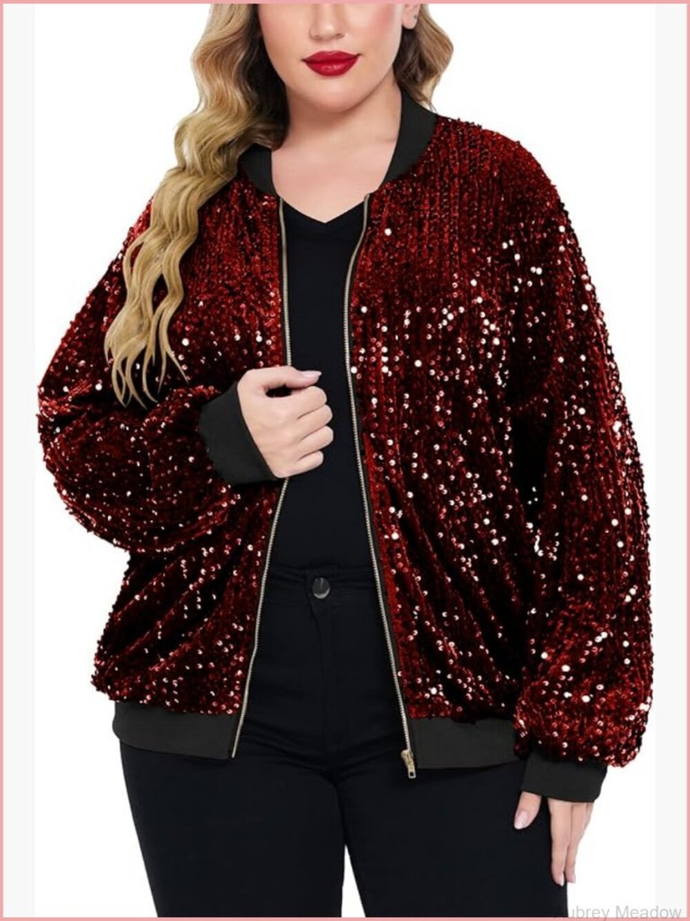 Plus Size Sequin Jacket Long Sleeve Front Zip Bomber Blazer with Pockets
